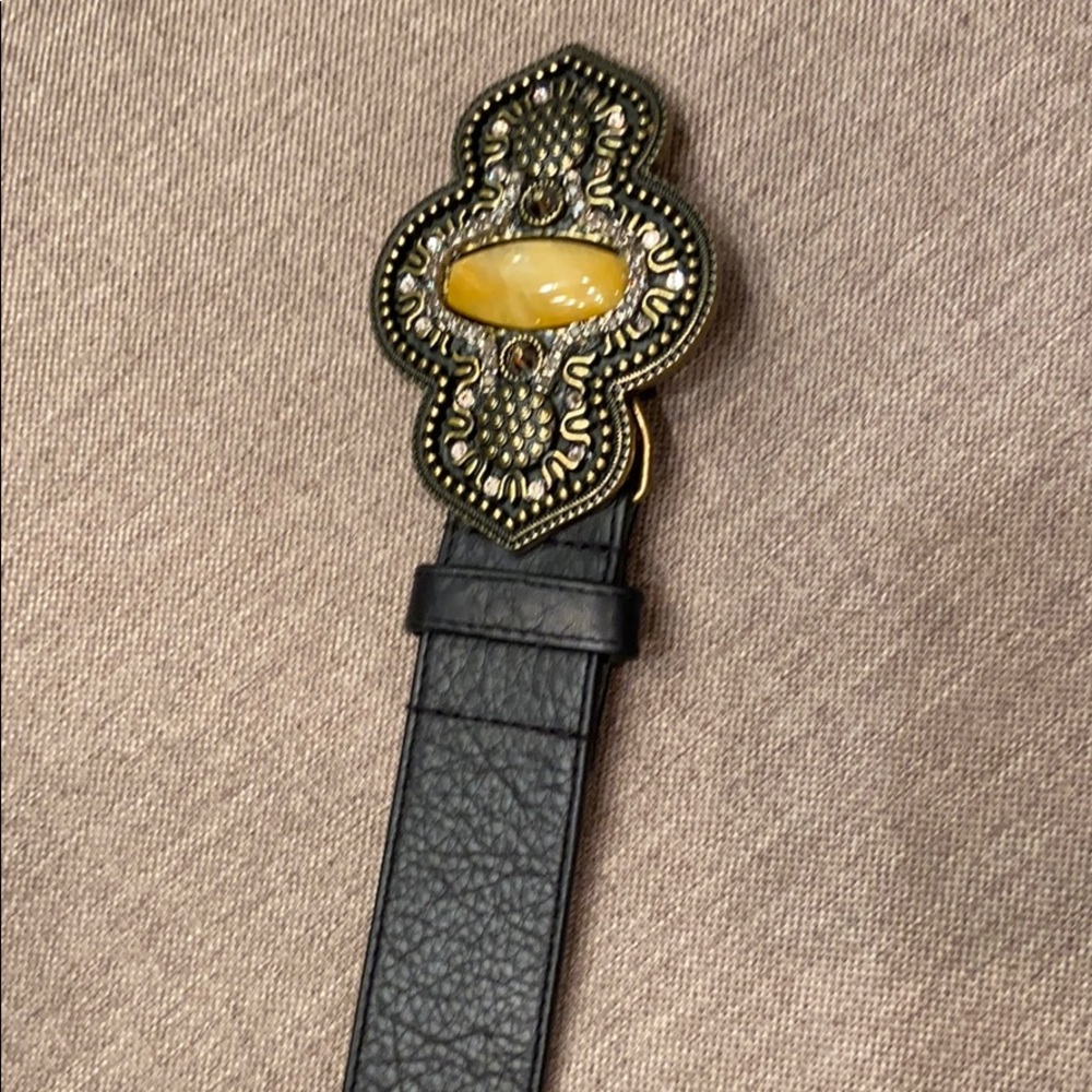 Leather belt with embellished buckle